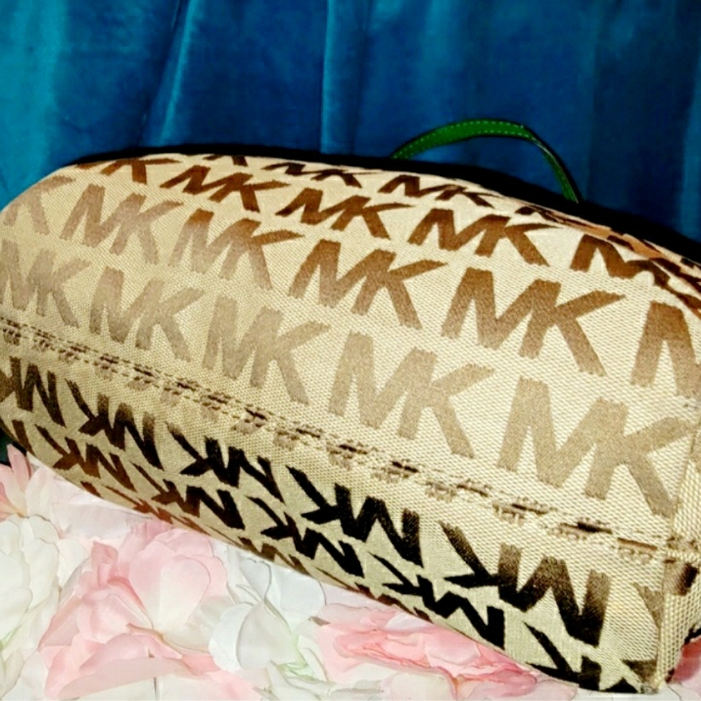 Michael Kors Brown MK Monogram Tote with Green Strap Accents EUC - Picture 4 of 6